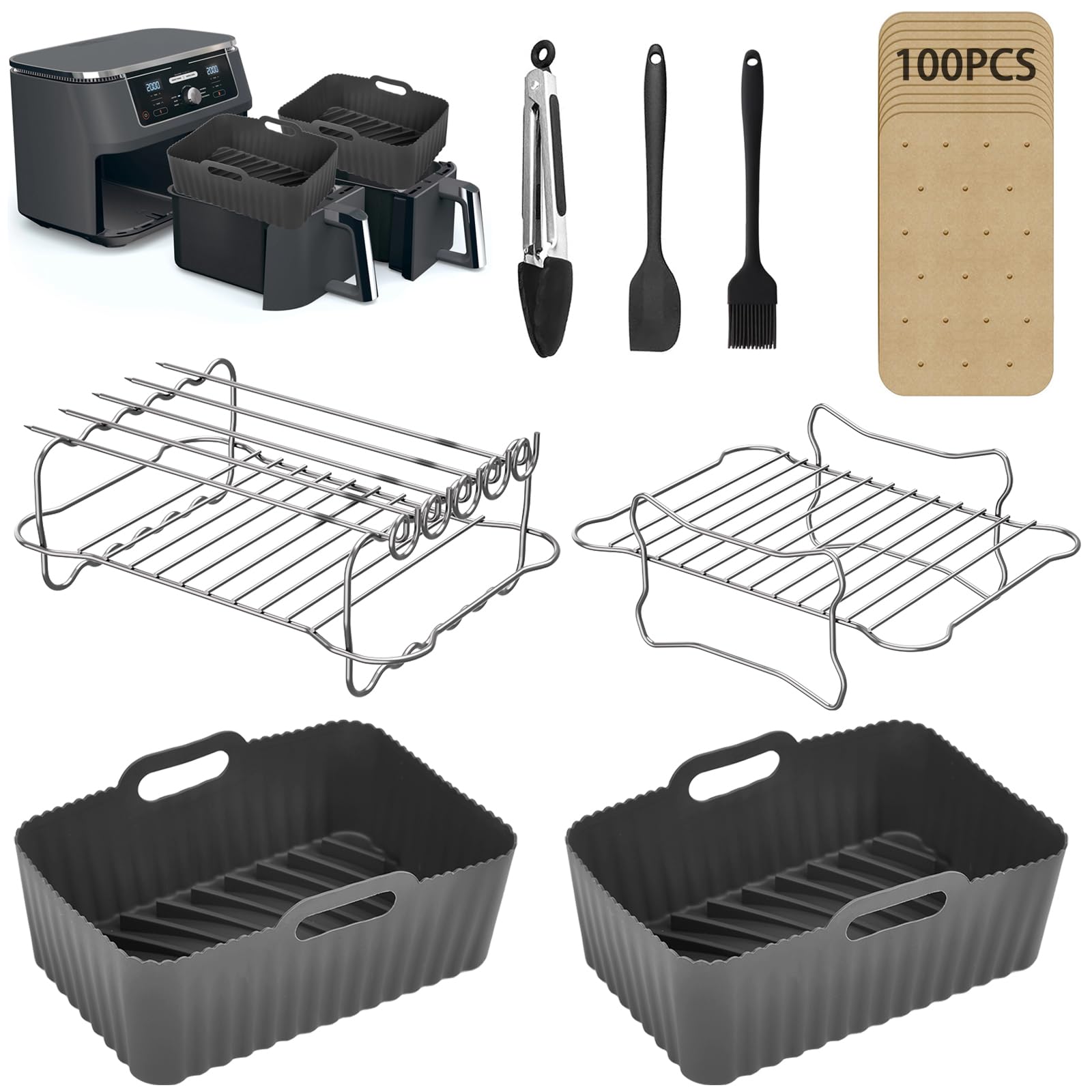 Ninja Air Fryer Accessories, 2Pcs Air Fryer Rack for Grill, Silicone Air Fryer Liners, Air Fryer Paper Liners for Ninja Dual AF300UK AF400UK AF451UK / Tower T17088 Dual Basket Air Fryer 7.6L-9.5L