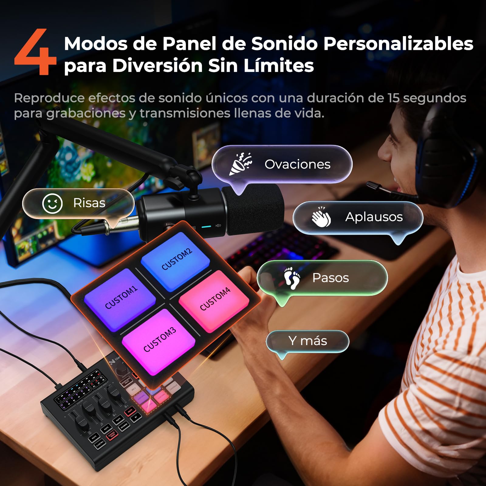 NearStream Mezclador gaming con preamp mic, doble entrada XLR/6.35mm, 48V, RGB, cambiador de voz, pads, loopback – Interfaz audio para streaming, podcast y música (AMIX20U)