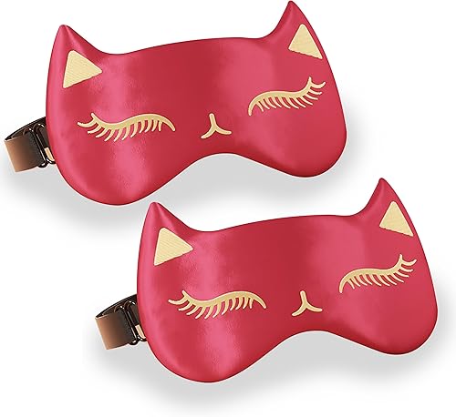 Drizzle Máscara de ojo de gato de seda natural para dormir, linda y suave cubierta de ojos para dormir (2 unidades, rojo)