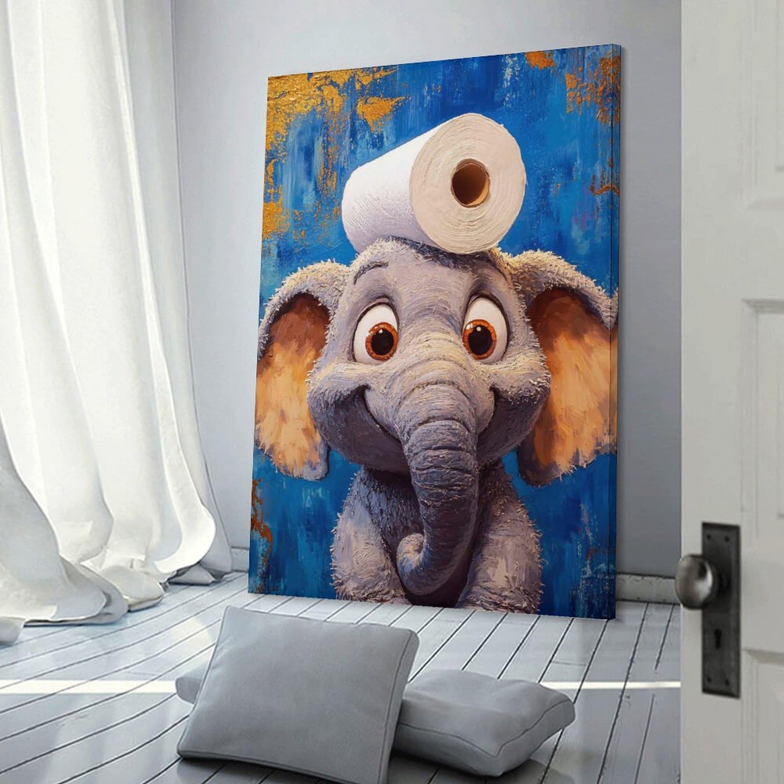 Junmoney Frame-Style-18-1 Elephant With Toilet Paper On Head Canvas Wall Decor, 08X12inch(20X30cm), For Home Walls, Creative Rooms Or Shared Spaces, Stylish Home Artwork For Focal Walls