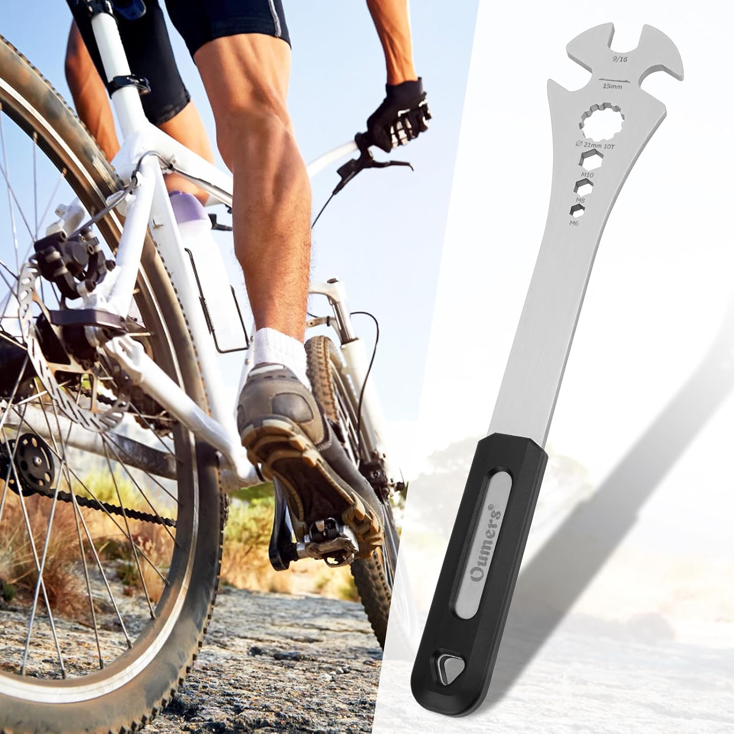 Oumers Bike Pedal Wrench, Bicycle Pedal Removal Spanner with Extra Long Handle, Multi-use 15mm,9/16 Pedal Removal Tool and 10mm/8mm/6mm Hexagon Hole