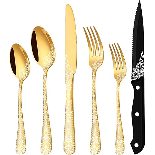 EUIRIO 24-Piece Gold Silverware Set with Steak Knives, Stainless Steel Flatware Set for 4, Mirror Gold Cutlery with Unique Floral Laser, Includes Spoons, Forks, Knives, Dishwasher Safe