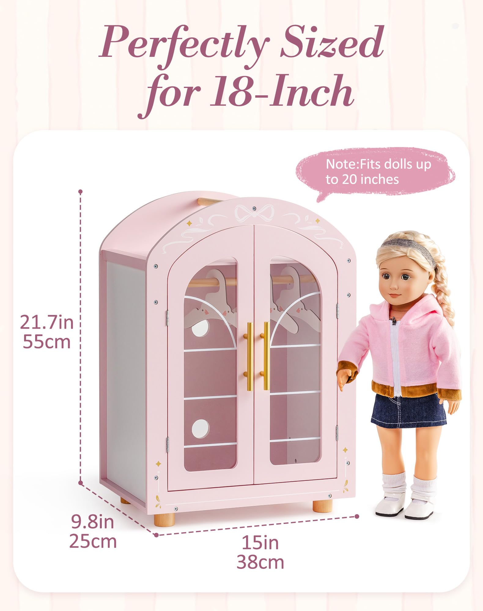 ROBOTIME Holz Puppenschrank für 43-45cm Puppen, Kleiderschrank mit Spiegel & Kleiderbügel, Holz Puppenmöbel mit Klaren Doppeltüren, Ballet Fairy Serie – Rosa