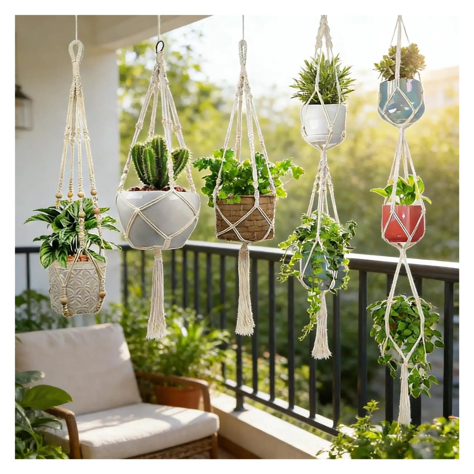 Lot de 5 suspensions en macramé pour plantes grasses, pothos, décoration de plafond (noir sans pot)