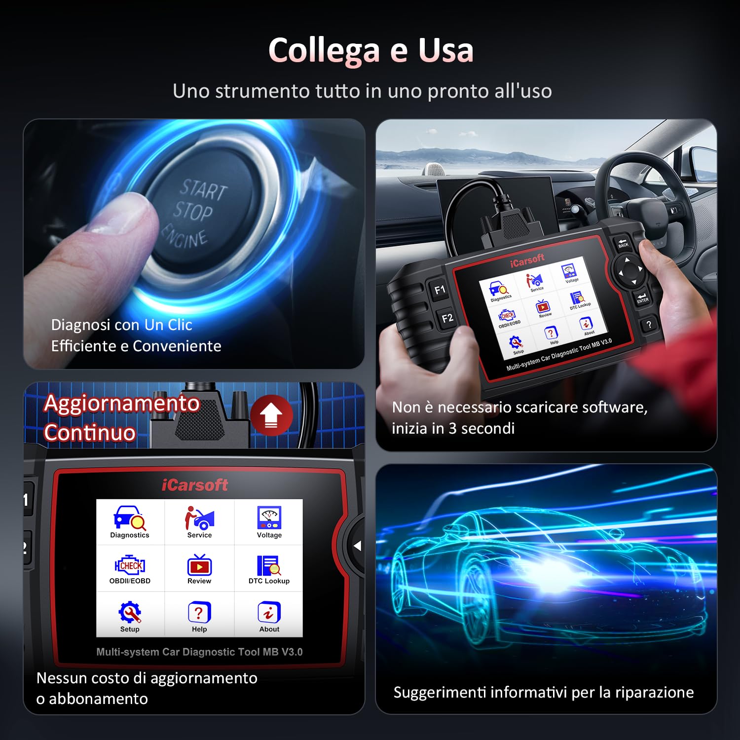 iCarsoft MB V3.0 OBD2 Auto Diagnostica per Ben.z/Sprinter/Smart, Diagnosi Auto Professionale in Italiano per Tutti i Sistemi, 35 Funzioni di Ripristino, Test Bidirezionale, Aggiornamento a Vita