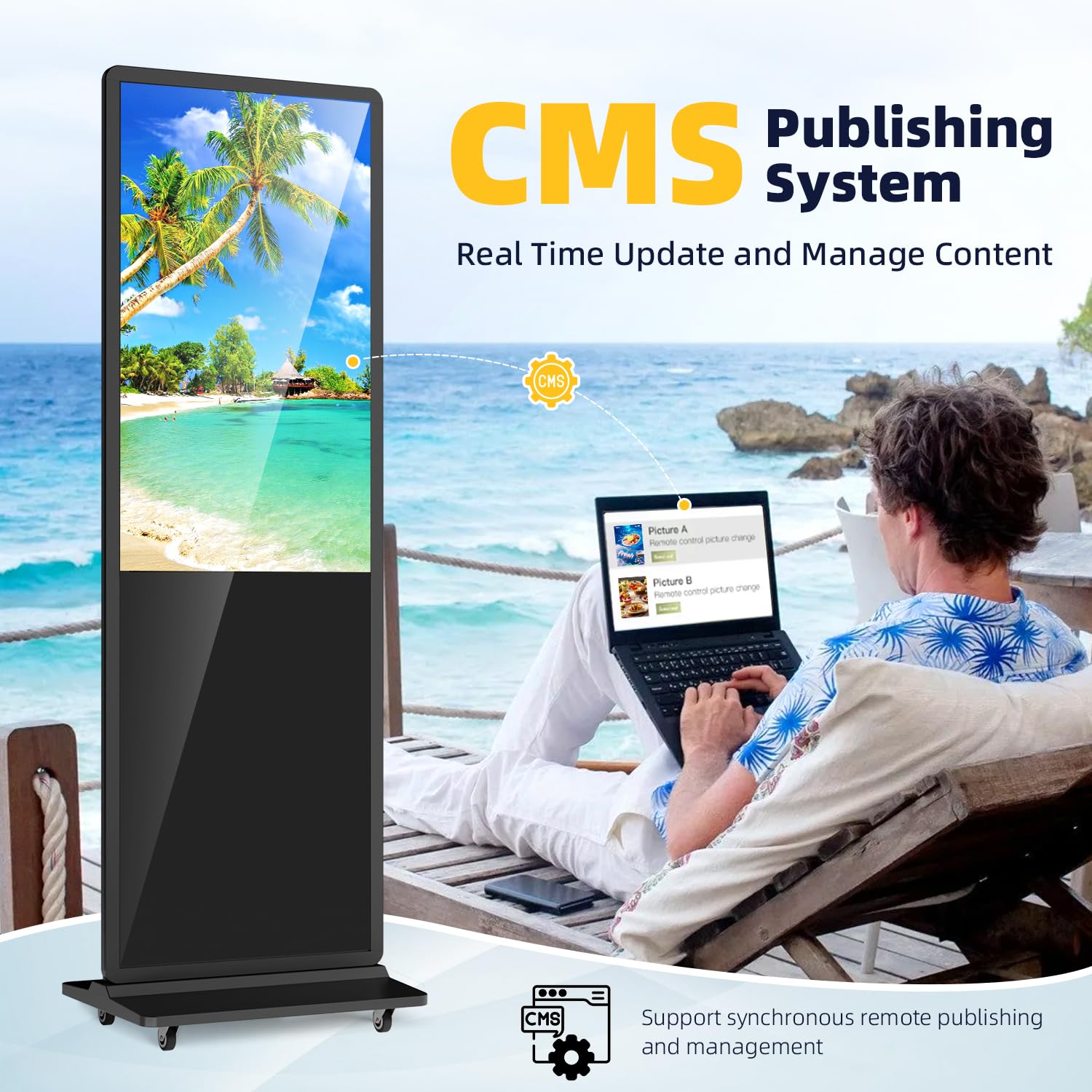 MWE 43 Zoll Digitaler Kundenstopper mit 4 Rollen, Werbedisplay Digital, LCD Digital Signage Display, Geeignet für Einzelhandelsgeschäft, Restaurant, Einkaufszentrum und Gewerbezentrum