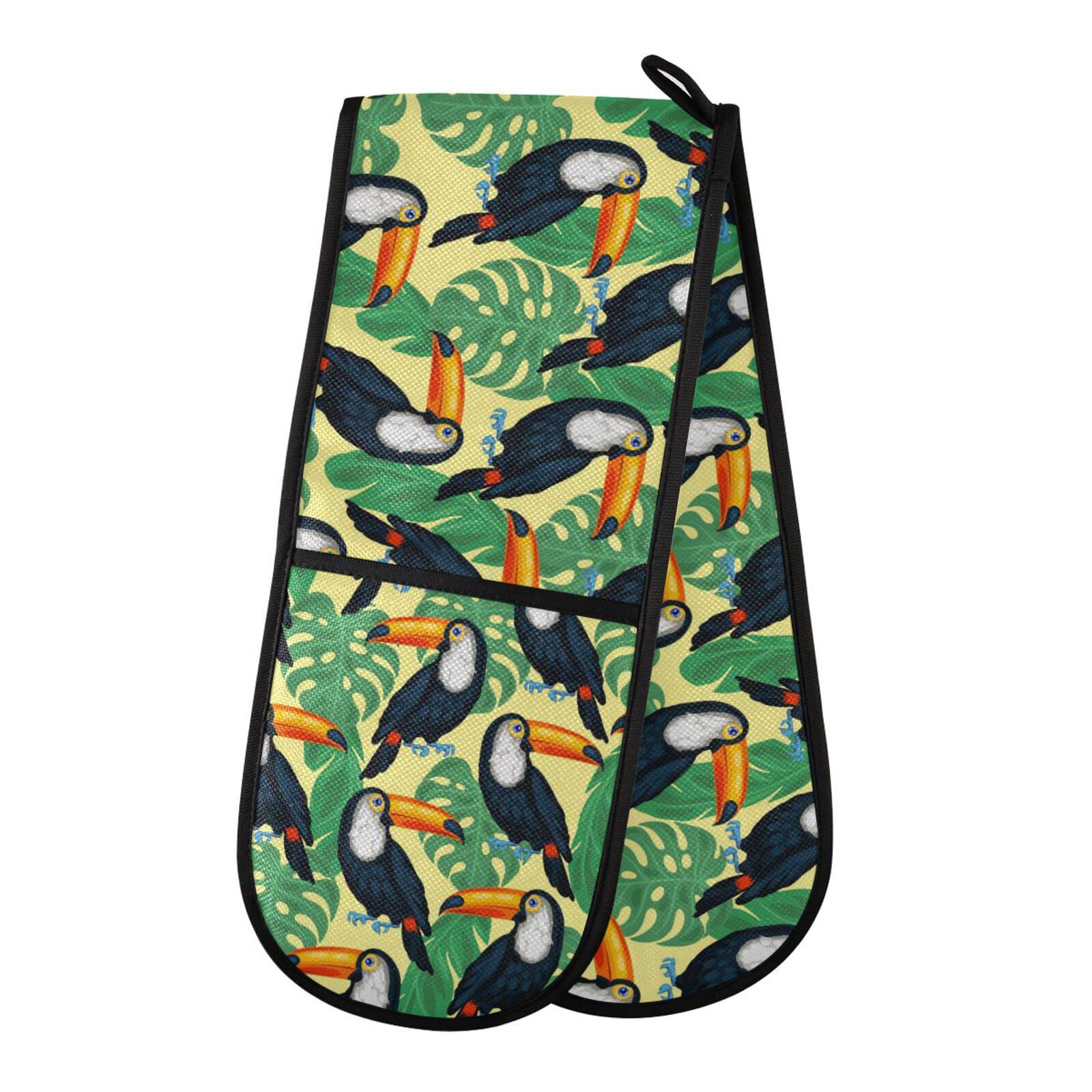 Youjuner Colour 88 Double Oven Glove Tropical Birds Toucans Palm Leaves Heat Resistant Double Ovens Mitt Modern Cooking Gloves Potholders
