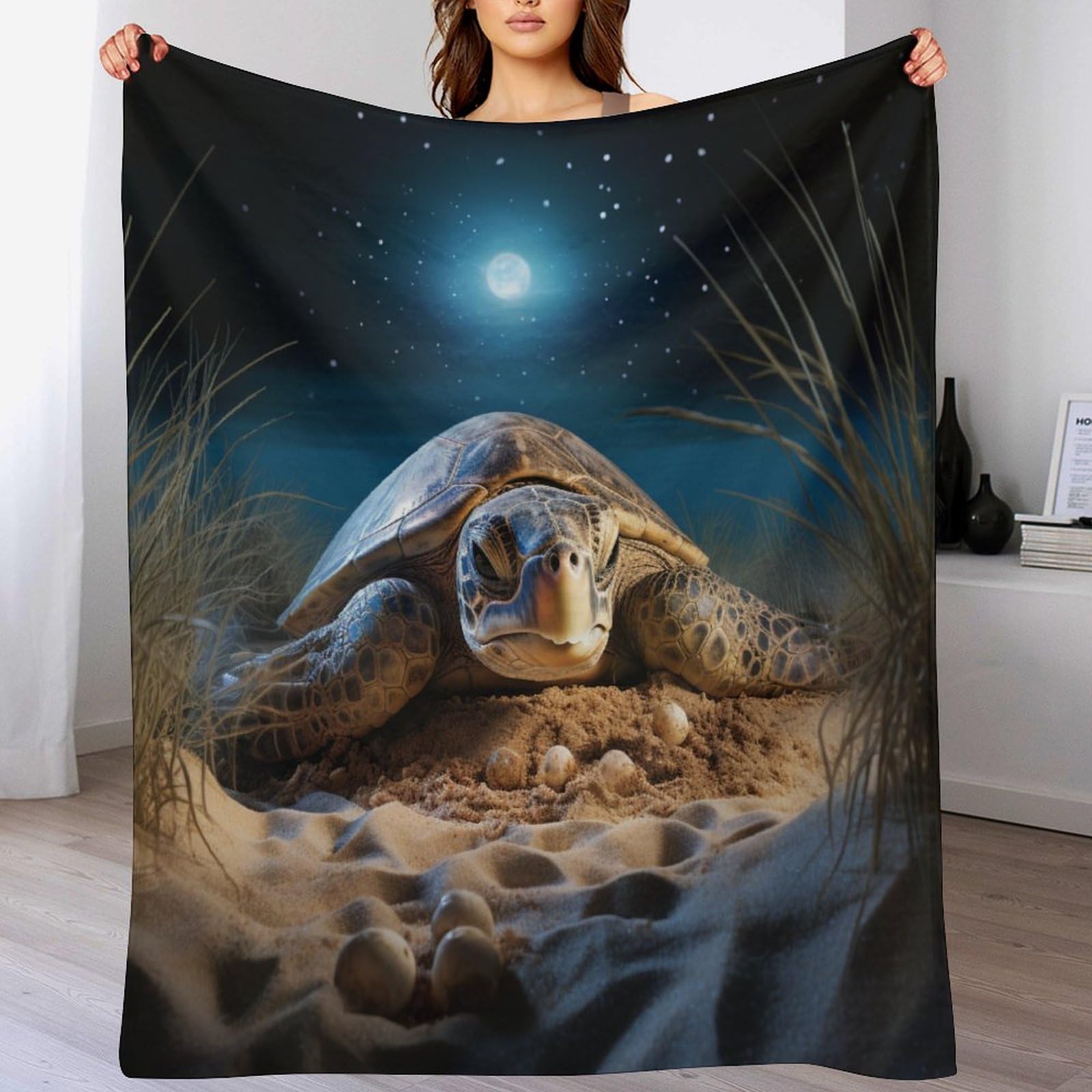 Couverture flannel tortues de mer pour cocooning au salon, plaid doux de mi-saison 140x180cm