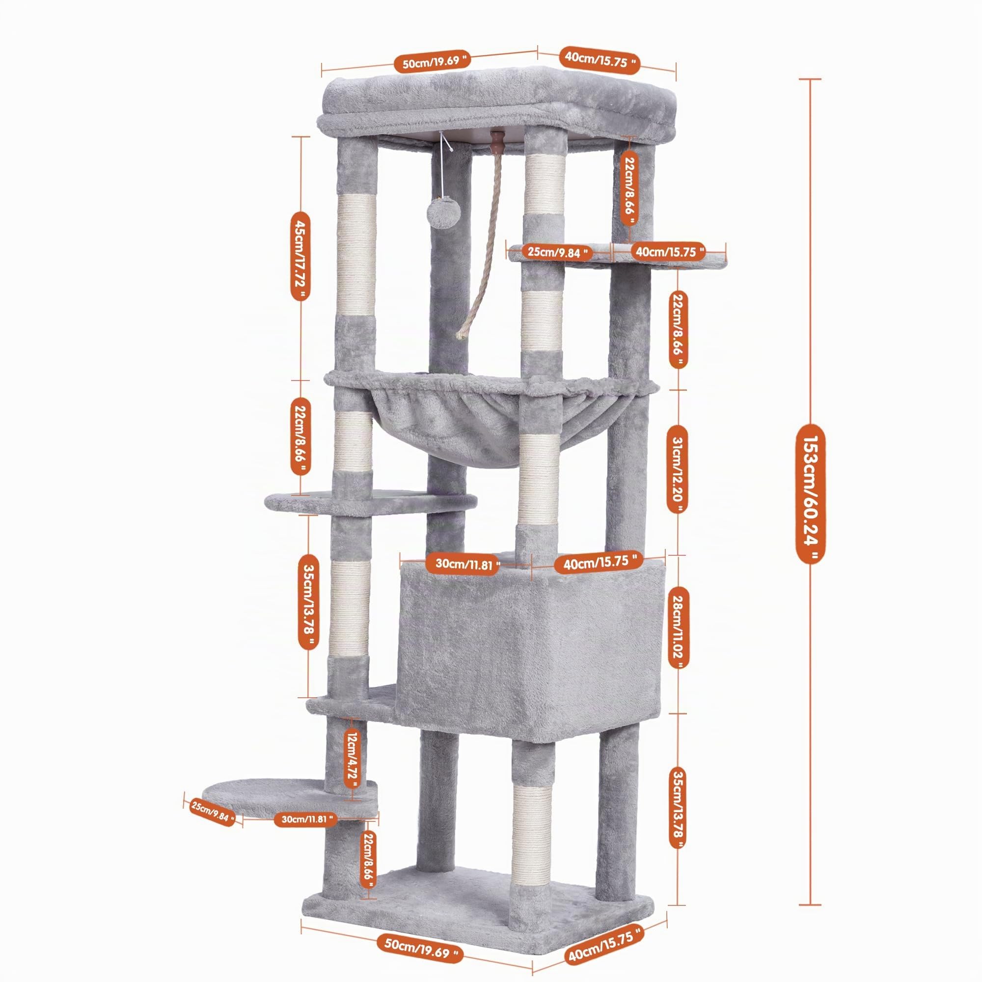 Heybly Albero per Gatti, Tiragraffi per Gatti da Interno 153 cm, Multilivelli con 1 Grotte, 1 Cestini, 7 Graffiatoi, Trespolo, Amaca, Pompon, Grigio Chiaro HCT050W