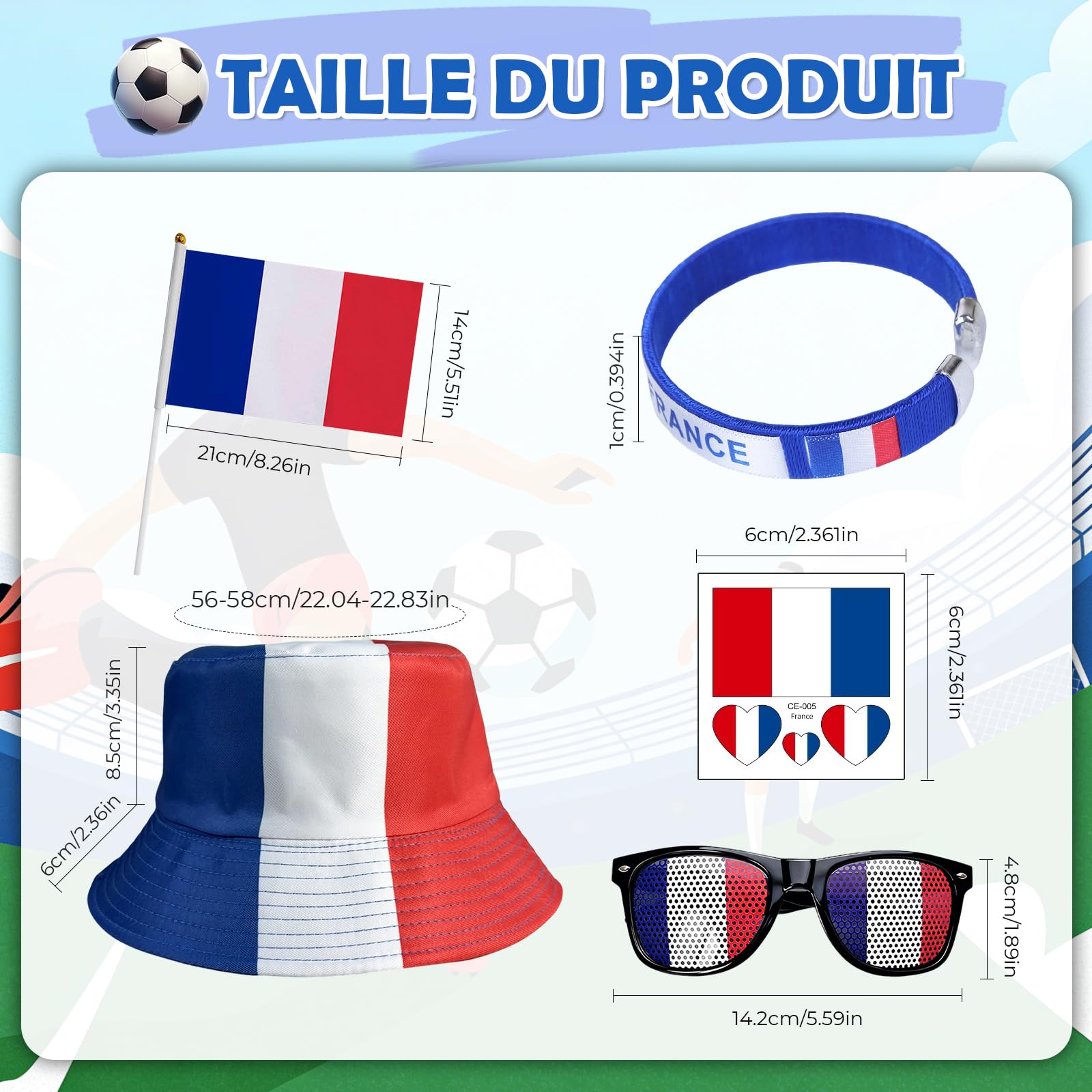 Kit Supporter France 8 Pièces Accessoires Tricolores Chapeau Lunettes Drapeaux Bracelet Autocollants Bleu Blanc Rouge Maillot Equipe De France Foot 2026