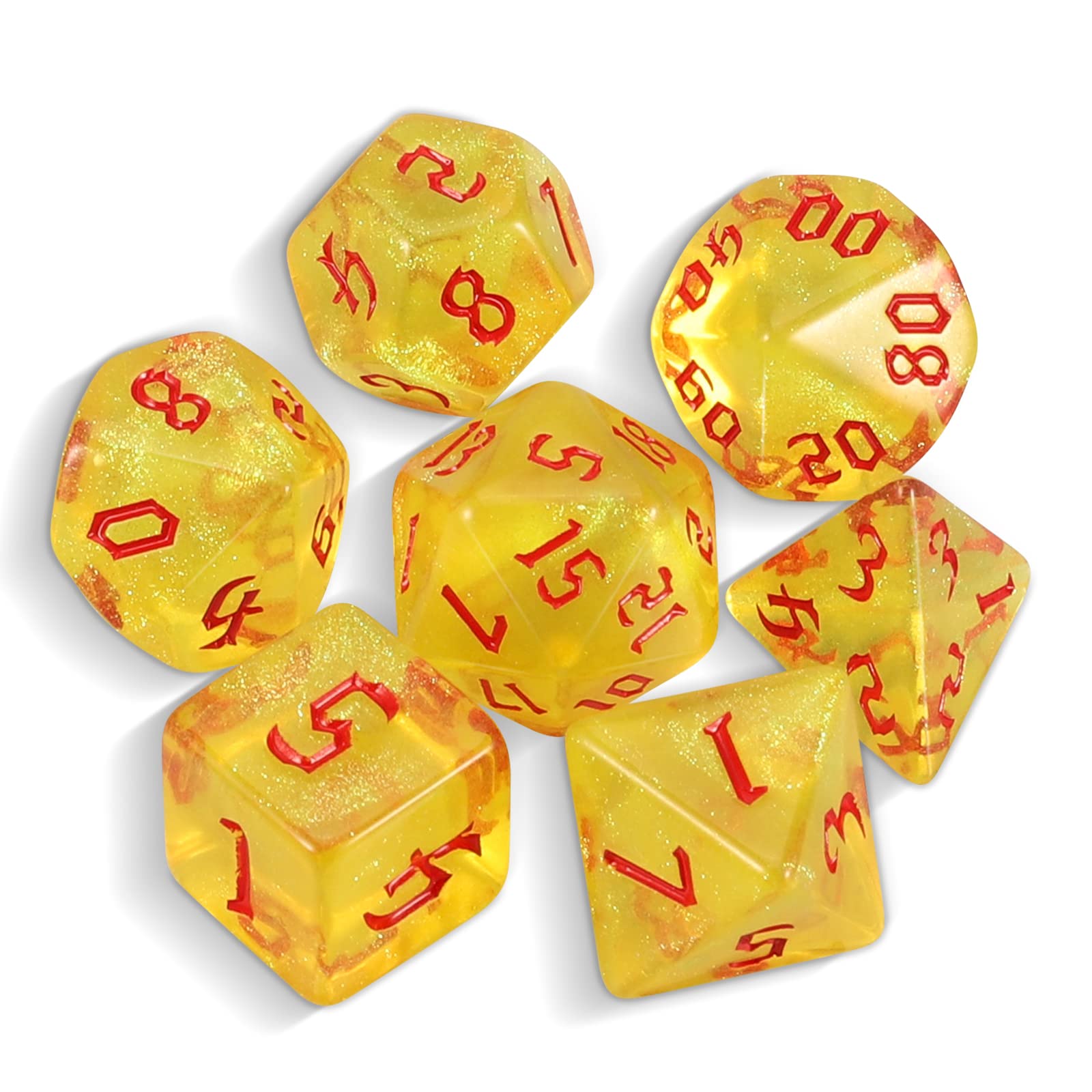 QMAY DND Dice Polyhedral Dice Set - 7 Pieces for Dungeon and Dragons MTG RPG D&D D20, D12, D10, D%, D8, D6, D4 (Gelb transluzent + Glitter)