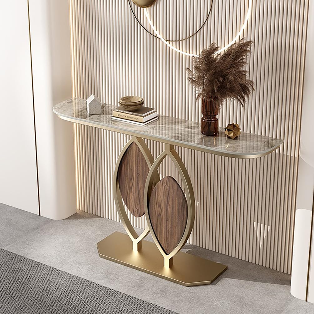 WYRNOBRX Small Entry Table with Marble-Look Countertop Console Table Behind Couch Narrow Entryway Table Metal Frame for Living Room And Hallway Semicircular Accent Table,Gold/B,L100*H80*W30