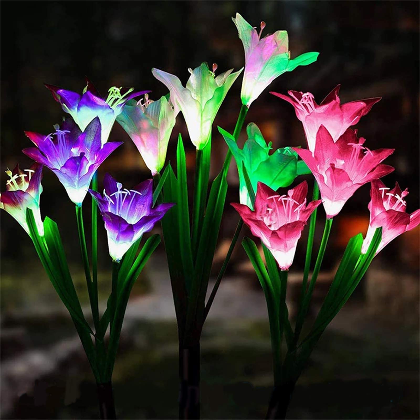 Solar Lights Outdoor, New Upgraded Solar Garden Lights,3 Pack Multi-Color Changing LED Lily Solar Flower Lights,Waterproof Landscape Light for Yard Decoration,Bigger Flower and Wider Solar Panel
