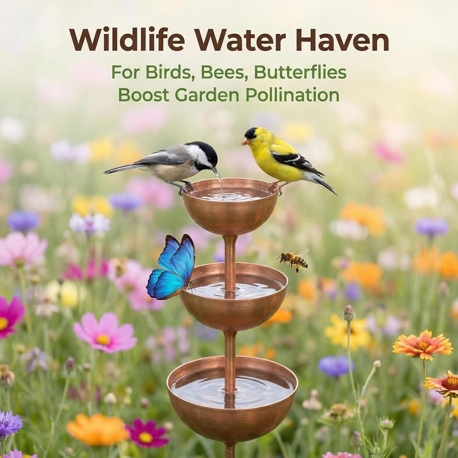 Rain Catcher - Plant Support Metal Garden Ornament, 3-Tiered Rain Catcher Garden Stake with Water Bowls, Bird Bath & Bee Watering Station,for Patio Lawn Garden Path & Pond Art Decor