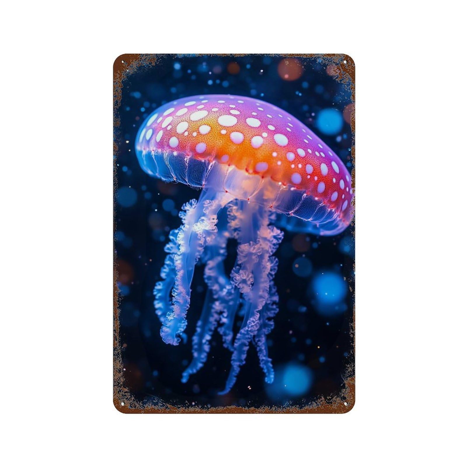 Rust Effect Colorful Jellyfish in Dark Water Retro Metal Sign 11.8"x7.9", Novelty Wall Decor for Bistro, Counter And Cafe Decor
