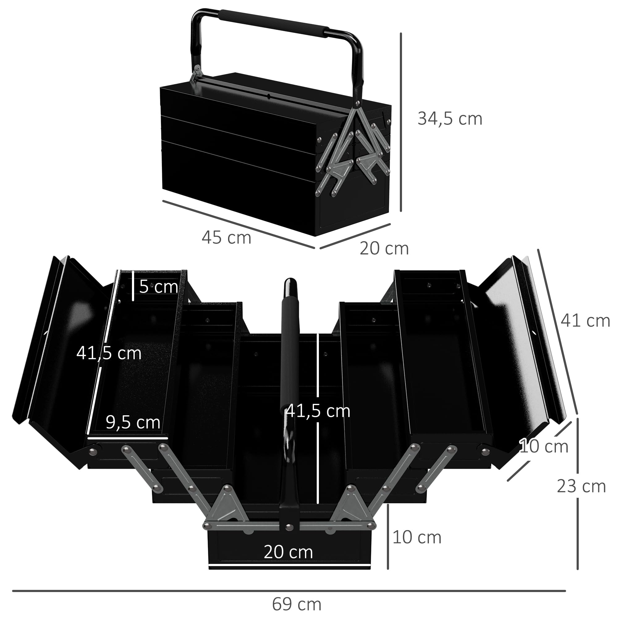 DURHAND Caja de Herramientas Vacía 5 Bandejas 45x20x34,5cm Negro | Maletín de Herramientas de Acero Plegable, Asa, para Taller, Garaje