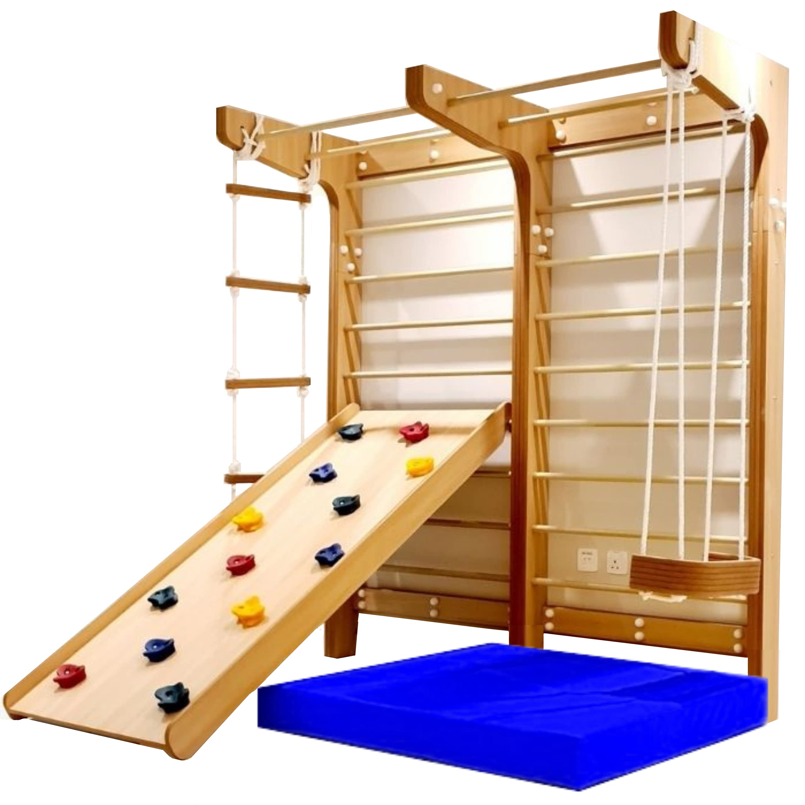 Moon Kids Swedish Wall with Climbing Ramp, Swing & Rope Indoor Outdoor Playset for Kids Ages 4-5 - with Safety Foam Mat (Blue)
