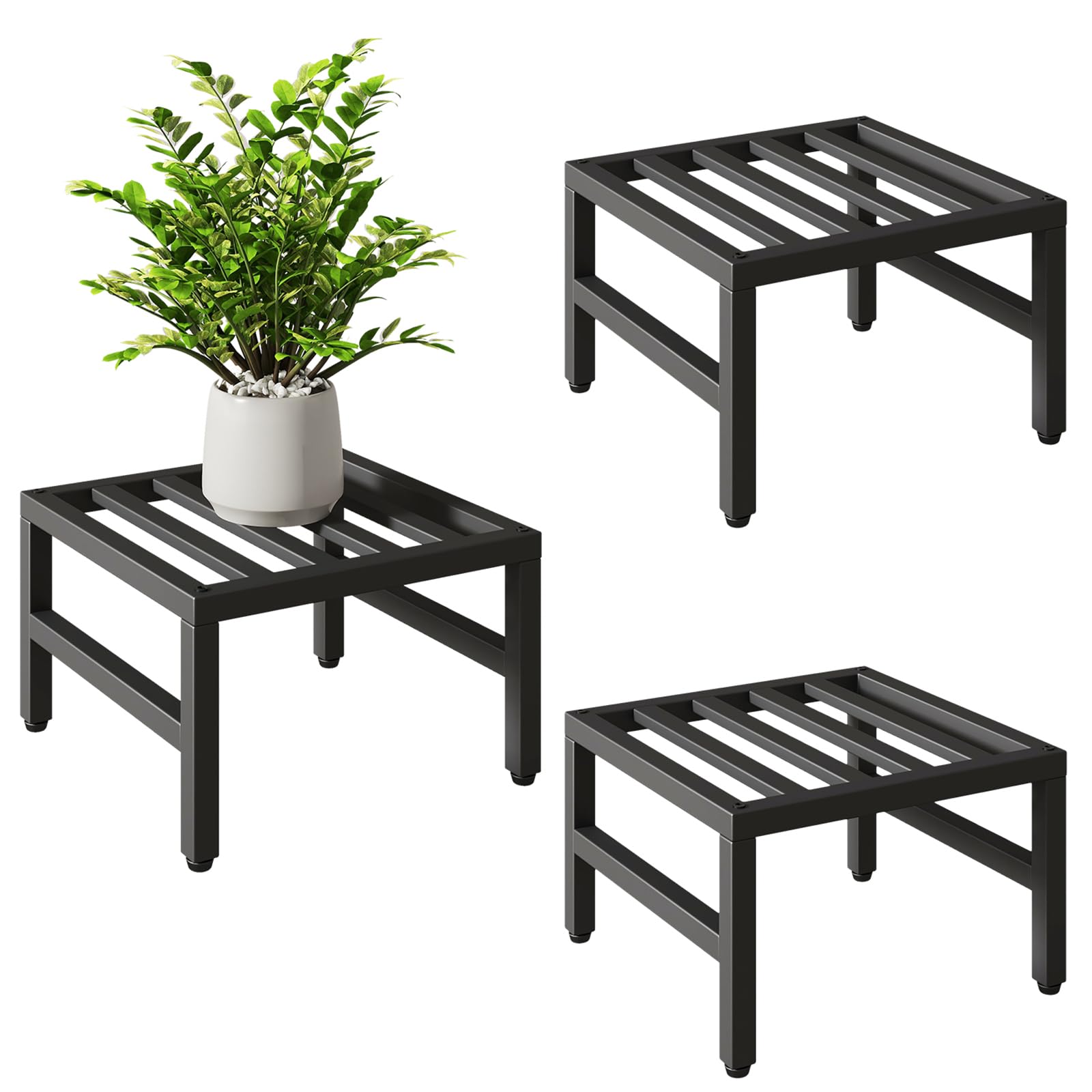 IBUYKE 3 Piezas de Soporte Metálico para Plantas de Interior y Exterior, 30cm Soporte para Macetas Pequeñas, Estante Moderno Cuadrado para Plantas y Flores para Salón Balcón Jardín, Negro TMJ075B-3