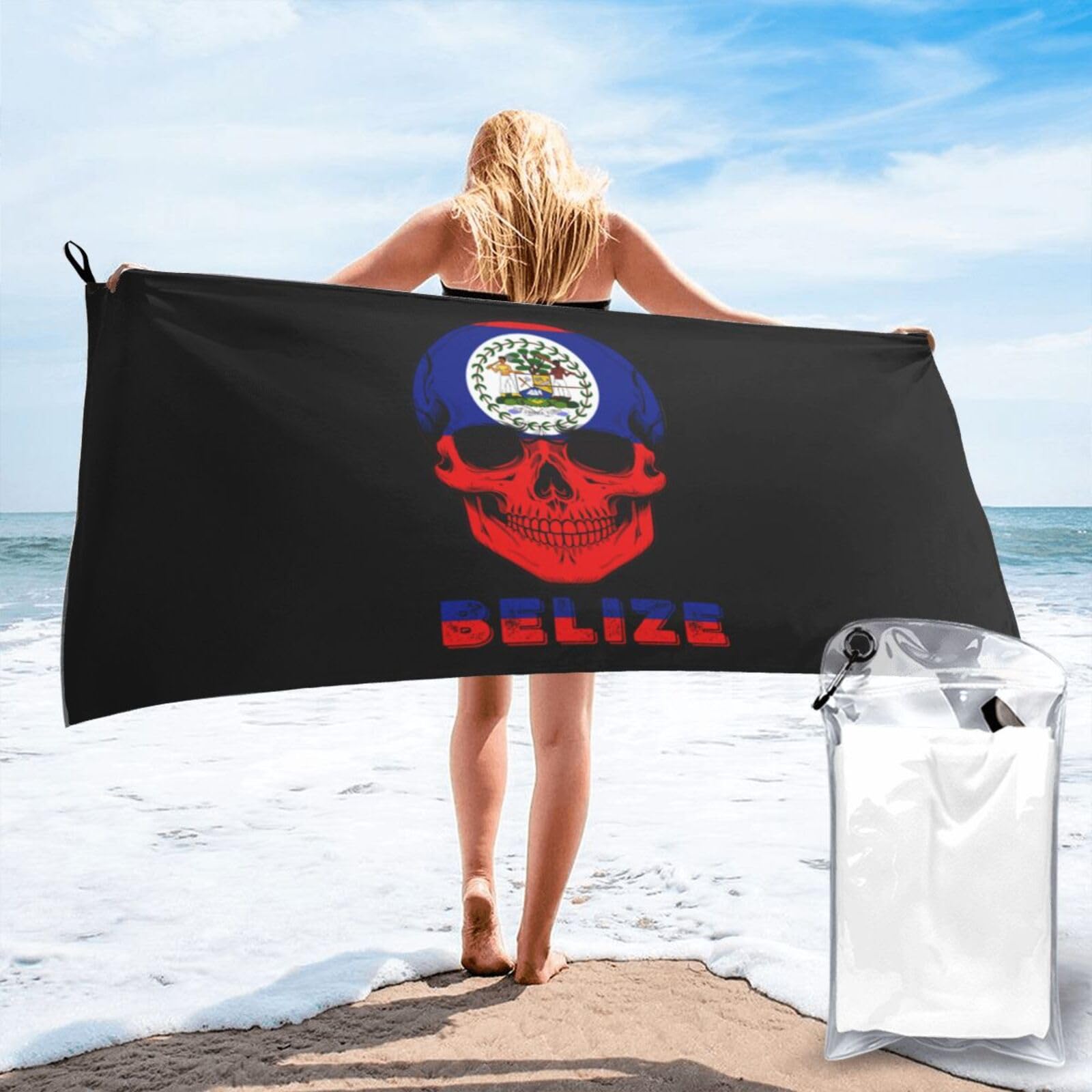 HACXZ Skull Belize Flag Lightweight Absorbent Beach Towel Microfiber Beach Towel 31.5"X63"