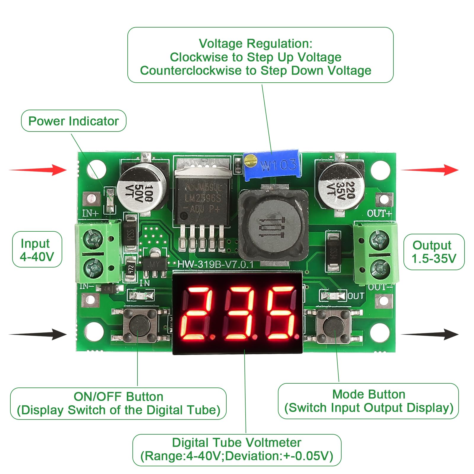 HENGBIRD 2 sztuki regulowanego zasilacza DC Step Down, regulator napięcia DC z woltomierzem LED, 4-40 V na 1,25-37 V, stabilny 2 A, maks. 3 A, do samochodów Arduino LED