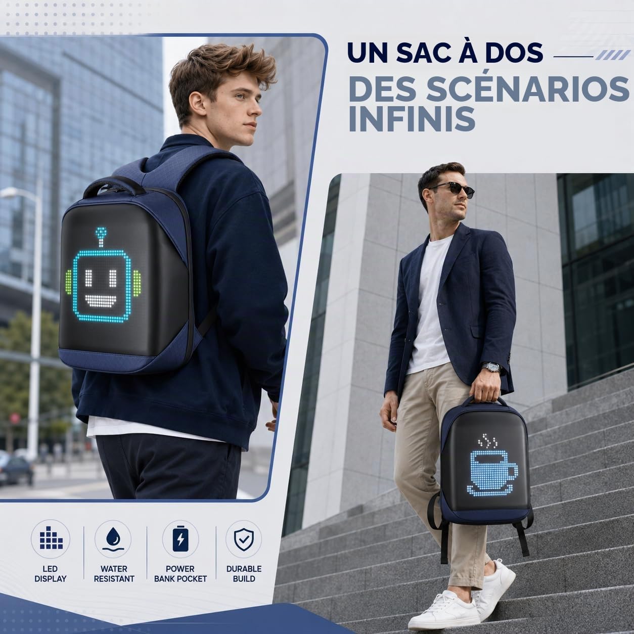 Sac à dos avec écran programmable, Sac à dos pour ordinateur portable avec contrôle APP, Étanche, Voyage, Sac pour moto,bleu(Pas de banque d'alimentation incluse)