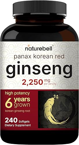 NatureBell Panax Ginseng rojo coreano - 240 cápsulas blandas - 2250 mg de soporte de vitalidad a base de hierbas de alta resistencia* - 10 % de ginsenósidos estandarizados de raíz de ginseng de seis años - Apoyo energético e inmunológico*