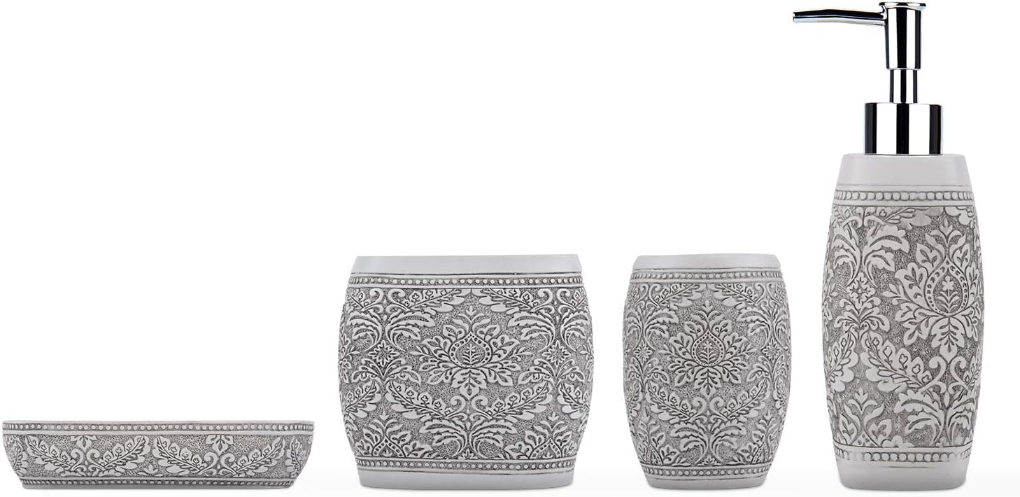Fimary Resin Bathroom Accessories Set White - 4 Piece Noble White Guest Bathroom Accessories Set Soap Dispenser, Toothbrush Holder, Tumbler