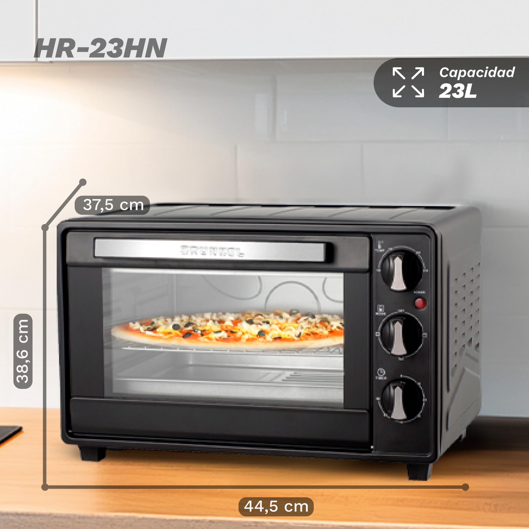 Grunkel - Horno eléctrico multifunción de sobremesa de 23l con 3 funciones de calor y selector de temperatura hasta 230°C. Temporizador hasta 60 min - 1600W (Negro) (HR-23HN)
