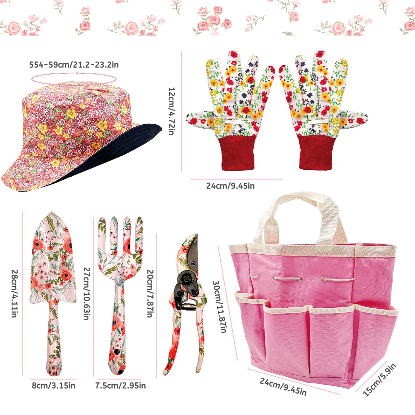 SNAIL GARDEN 6 attrezzi da giardino con cappello da sole reversibile da pescatore e borsa portaoggetti, attrezzi da giardinaggio durevoli, antiruggine, kit da giardino per donne giardiniere