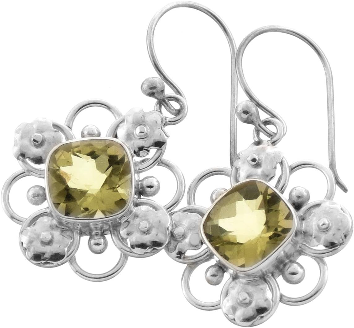 Lemon Quartz Flower Filigree 925 Sterling Silver Earrings, 13/16"