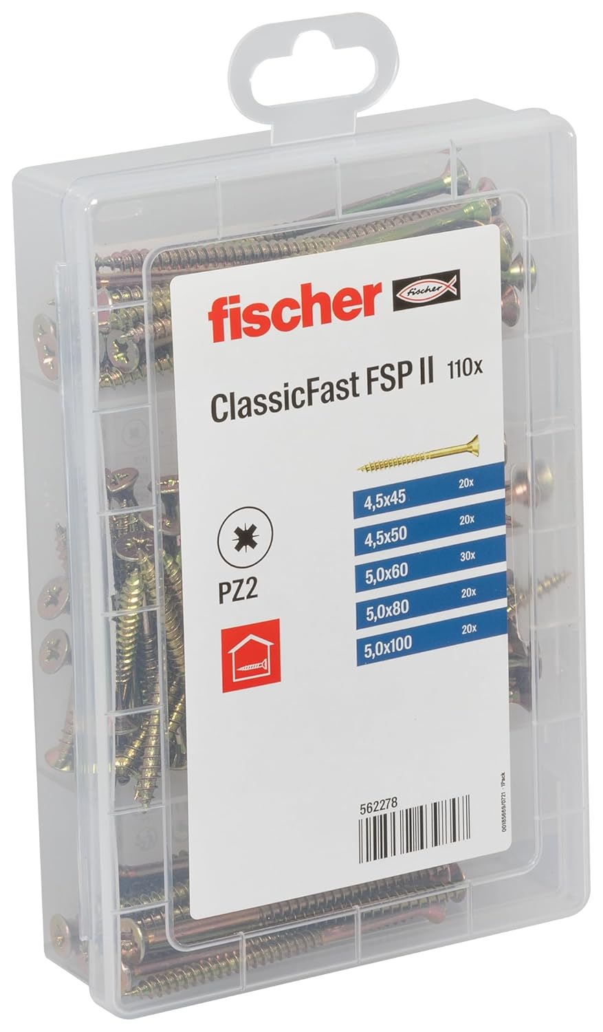 fischer ClassicFast Meisterbox Assortment Box with Chipboard Screws for Interior Wood Building Materials Countersunk Head Partial Thread Torx Blue Galvanised 110 Pieces Item No. 562280