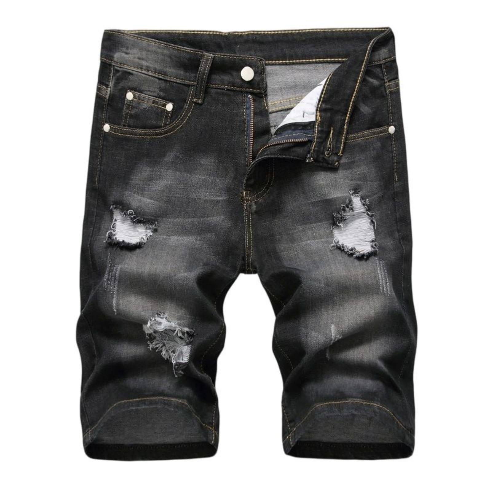 Pantalones cortos de mezclilla elásticos para hombre, aspecto desgastado, corte recto, cintura media, pantalones cortos para el tiempo libre