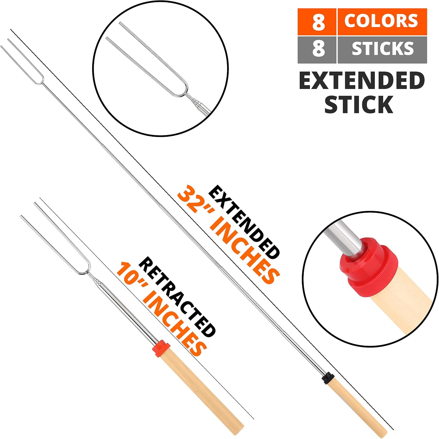 PANTRY X Marshmallow Roasting Sticks for Fire Pit- 8 Pack- Extendable Forks With Wooden Handle- 32” Telescoping Smores Sticks, Stainless Steel Hot Dog Sticks for Campfire, Fire Pit Tools for Camping