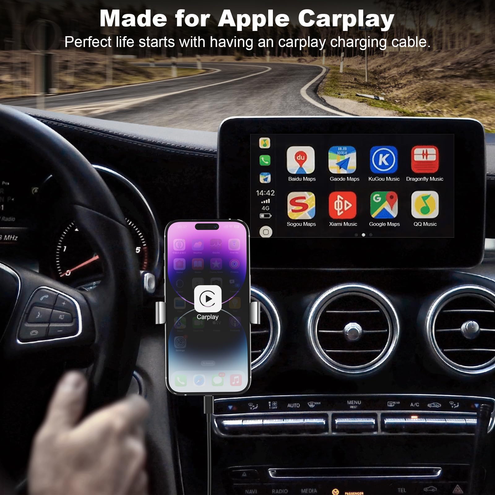 Cveael Cavo Carplay per auto, 1,8 m, cavo USB A a Lightning compatibile per iPhone 14 13 12 11 Pro Max XR XS X 8 7 6 Plus SE iPad caricabatterie auto cavo di ricarica (nero)