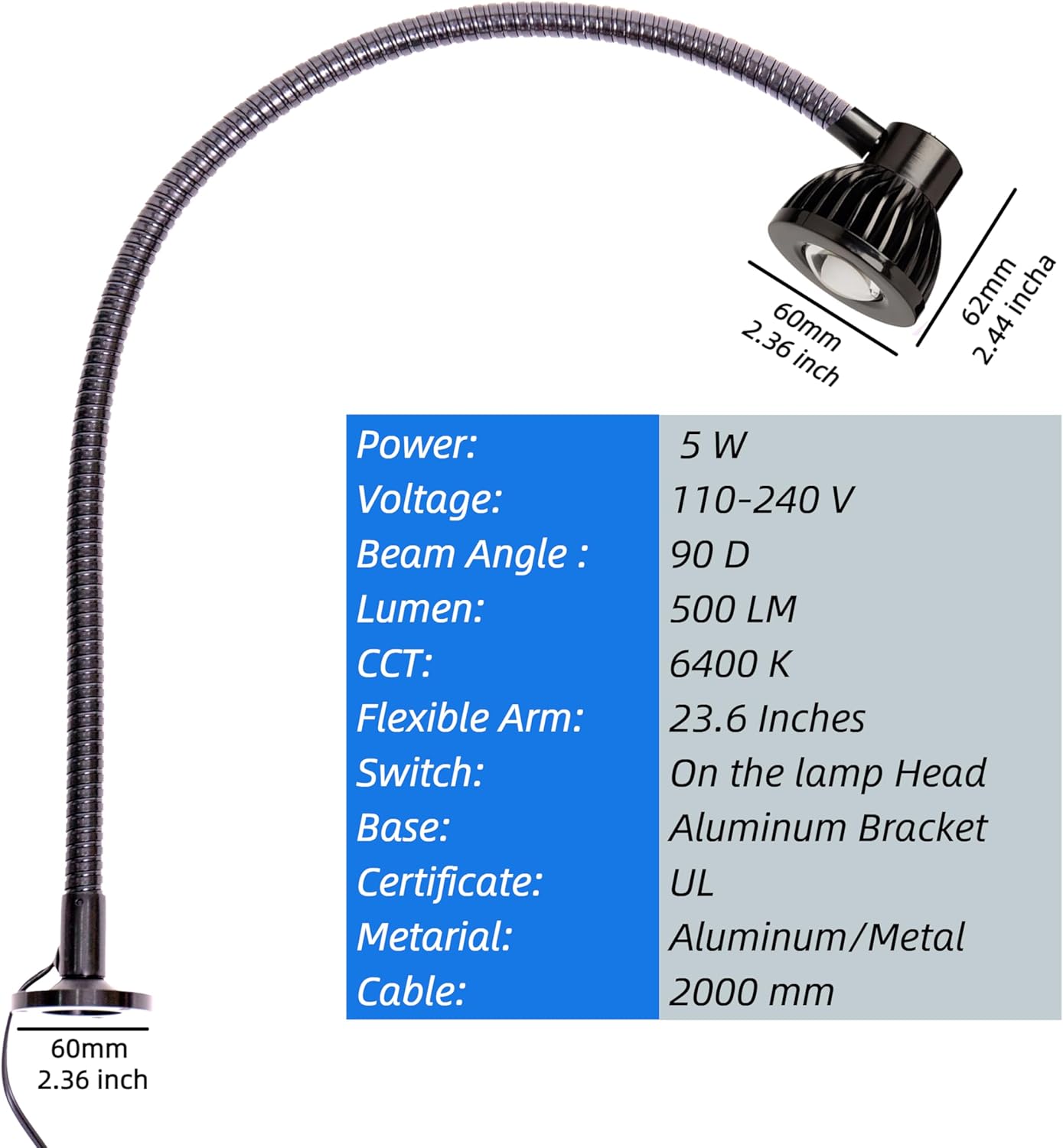 5W COB LED Work Light for Milling, Lathe, Work Bench Led Gooseneck Lamp