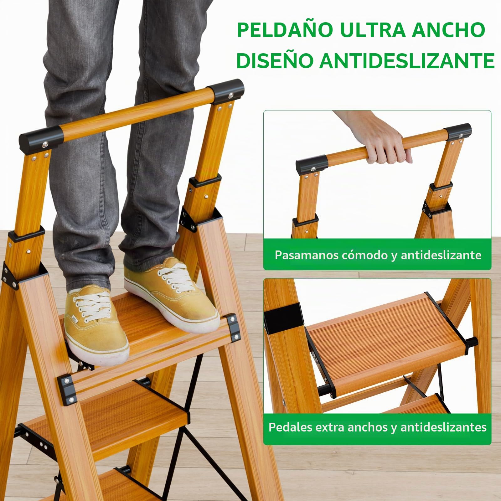 KULACO Escalera Plegable de 3 peldaños con barandilla, Aluminio Antideslizante Extra Ancho, Acabado Madera, Carga máx. 150 kg para Cocina, hogar y Garaje