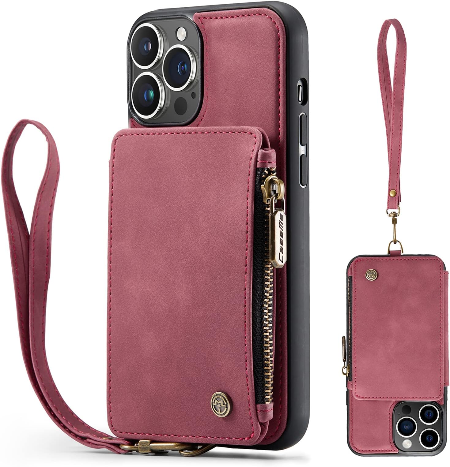 SWP for iPhone 14 Pro Max Case w/Card Holder [RFID Blocking] [3 Card Slots] [1 Money Pocket], Card Holder Slot Cases w/Wristlet Zipper Wallet for iPhone 14 Pro Max (Red)
