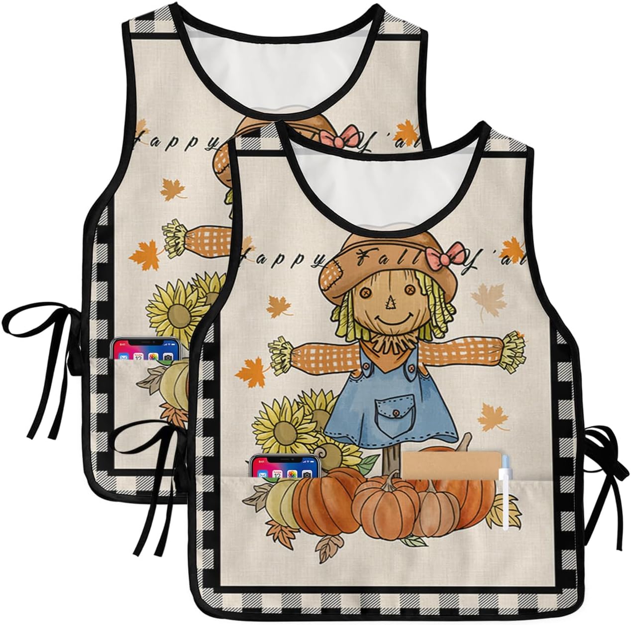 Autumn Pumpkin Scarecrow Cobbler Aprons with 2 Pockets for Women Men,Fashionable Printed Unisex Bib Waterproof Cleaning Smock Vest for Chef Fall Thanksgiving Sunflower Plaid 2 Packs,20''x31.5''
