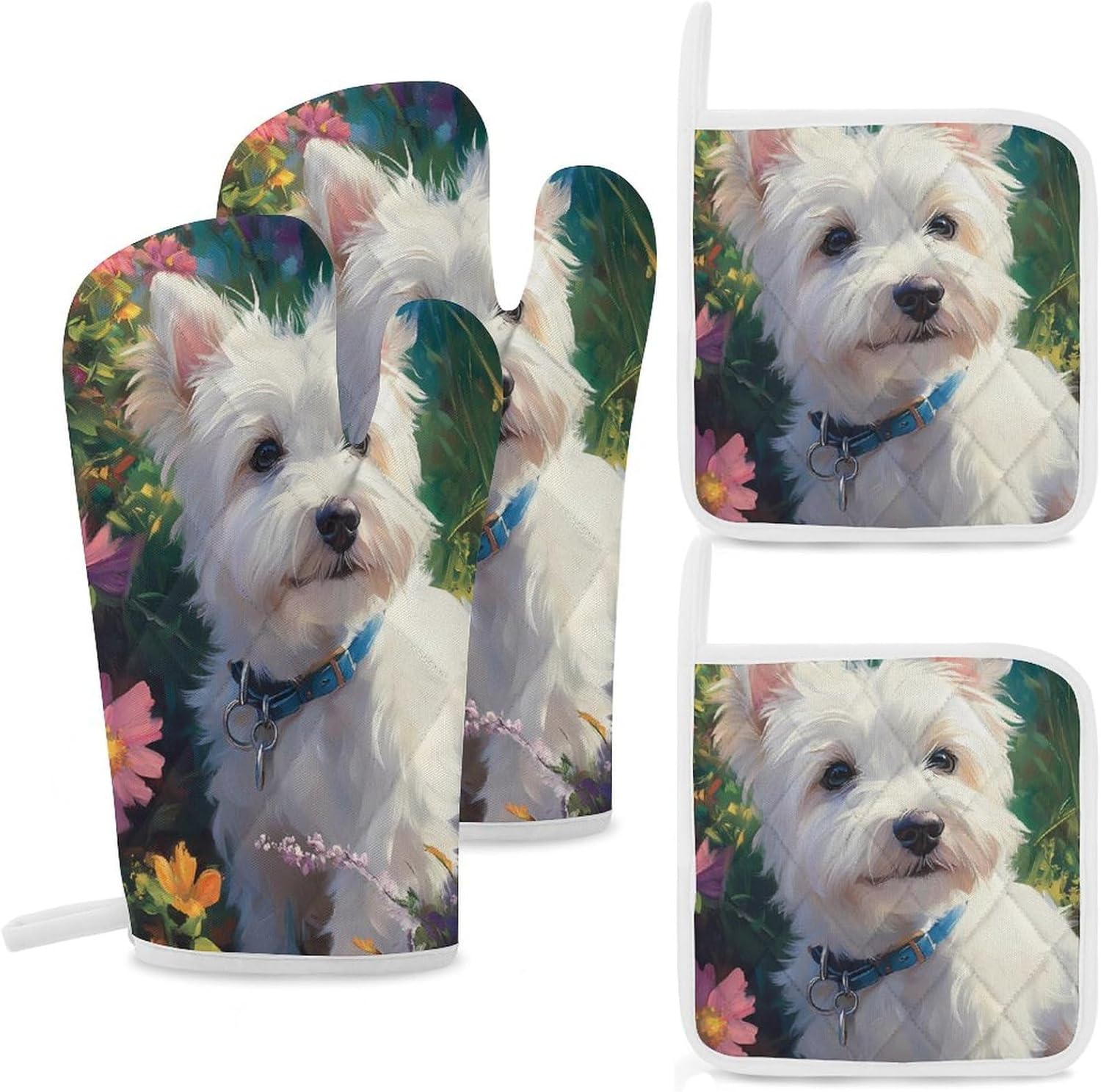 West Highland Terrier in The Garden Oven Mitts and Pot Holders 4Pcs Set Heat Resistant Cooking Mitts Hot Pads