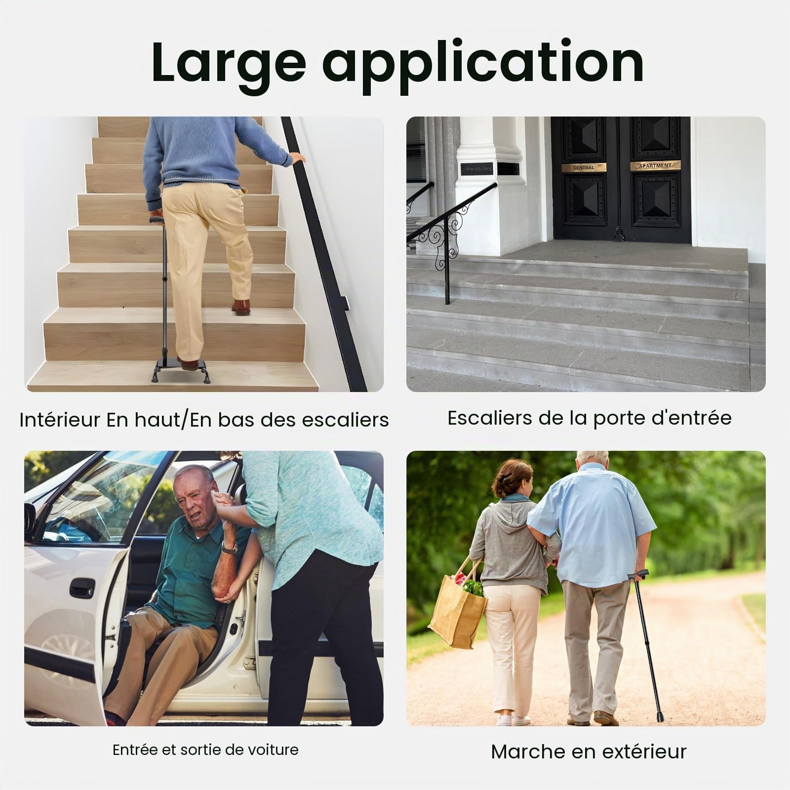 Canne d'escalier réglable en aluminium et fer avec base pour personnes âgées et aide à la mobilité (max. 150 kg)