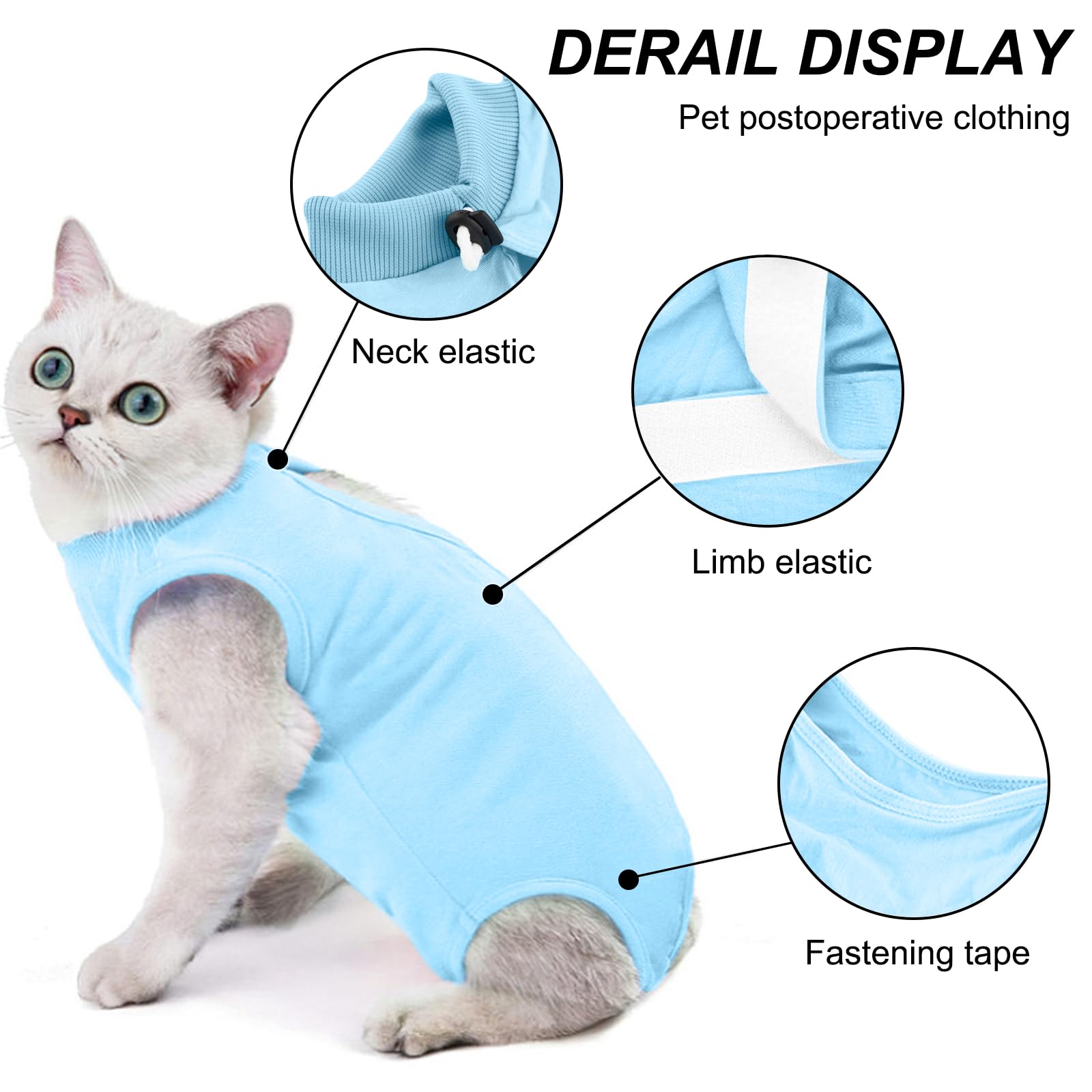 Amexo Cat Surgery Recovery Suit Cat After Surgery Bodysuit for Abdominal Wounds or Skin Diseases Kitten Surgical Onesie E-Collar Alternative for Cats and Dogs (Blue - Image 2