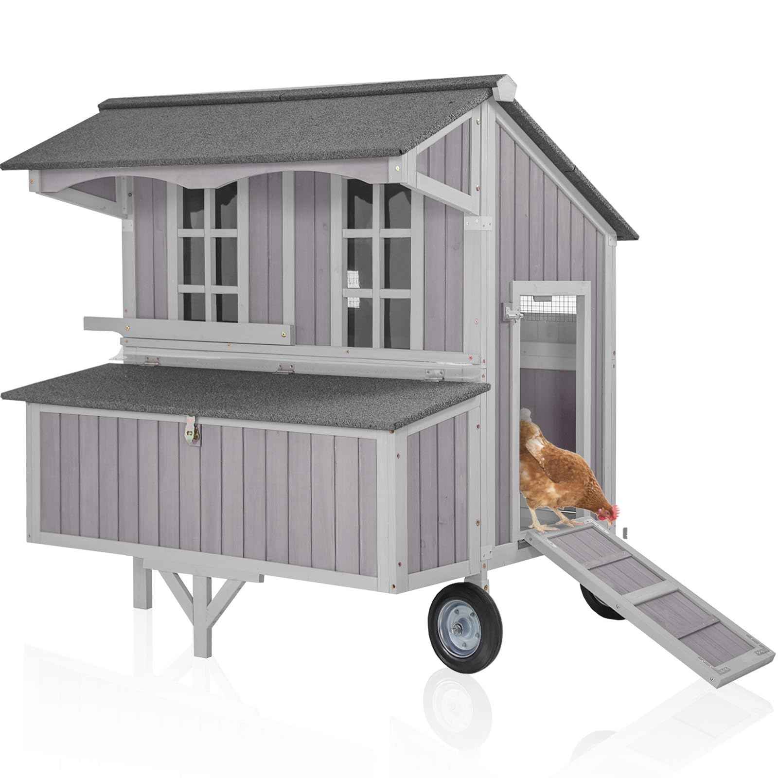 Aivituvin Chicken Coop Upgrade Durable Outdoor Chicken House with Large Wheels, Nesting Box, Leakproof Pull-on Tray and UV-Resistant Roof Panel (Grey)