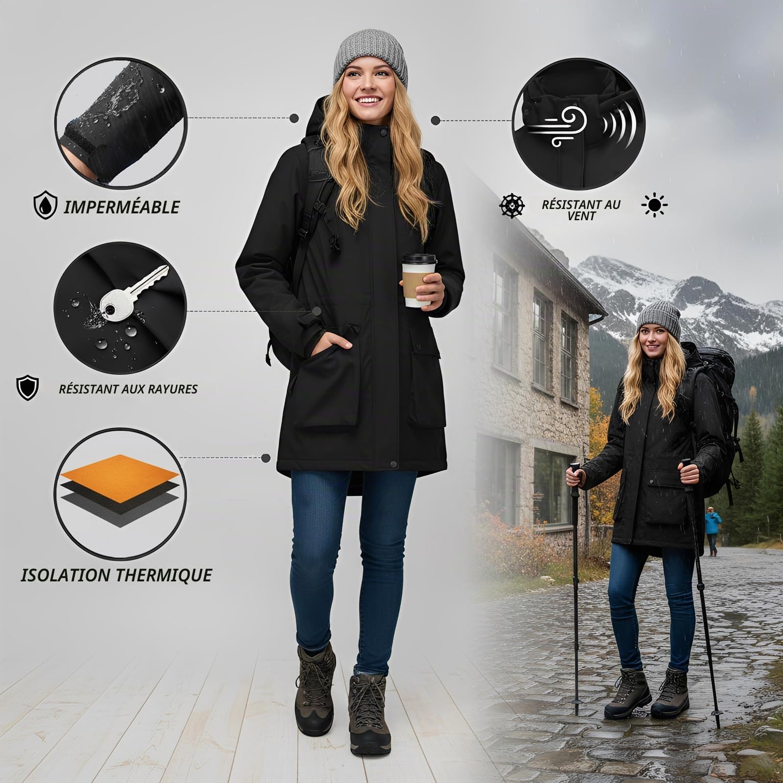 Veste imperméable Femme Vestes Softshell longues Manteau Zippé Coupe-Vent Imperméable d'extérieur Capuche Blouson