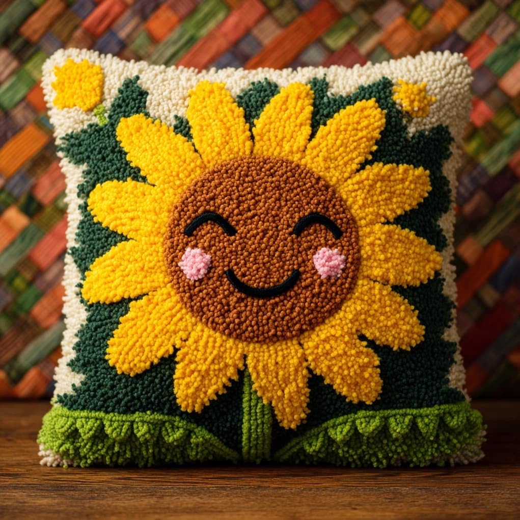 WallustrioaW Latch Hook Kits Pillowcase Embroidery Kit,Smiling Sunflower,Latch Hook Cushion Cover for Adults and Beginners,Pillow Cover Sofa Cushion Craft,43x43cm