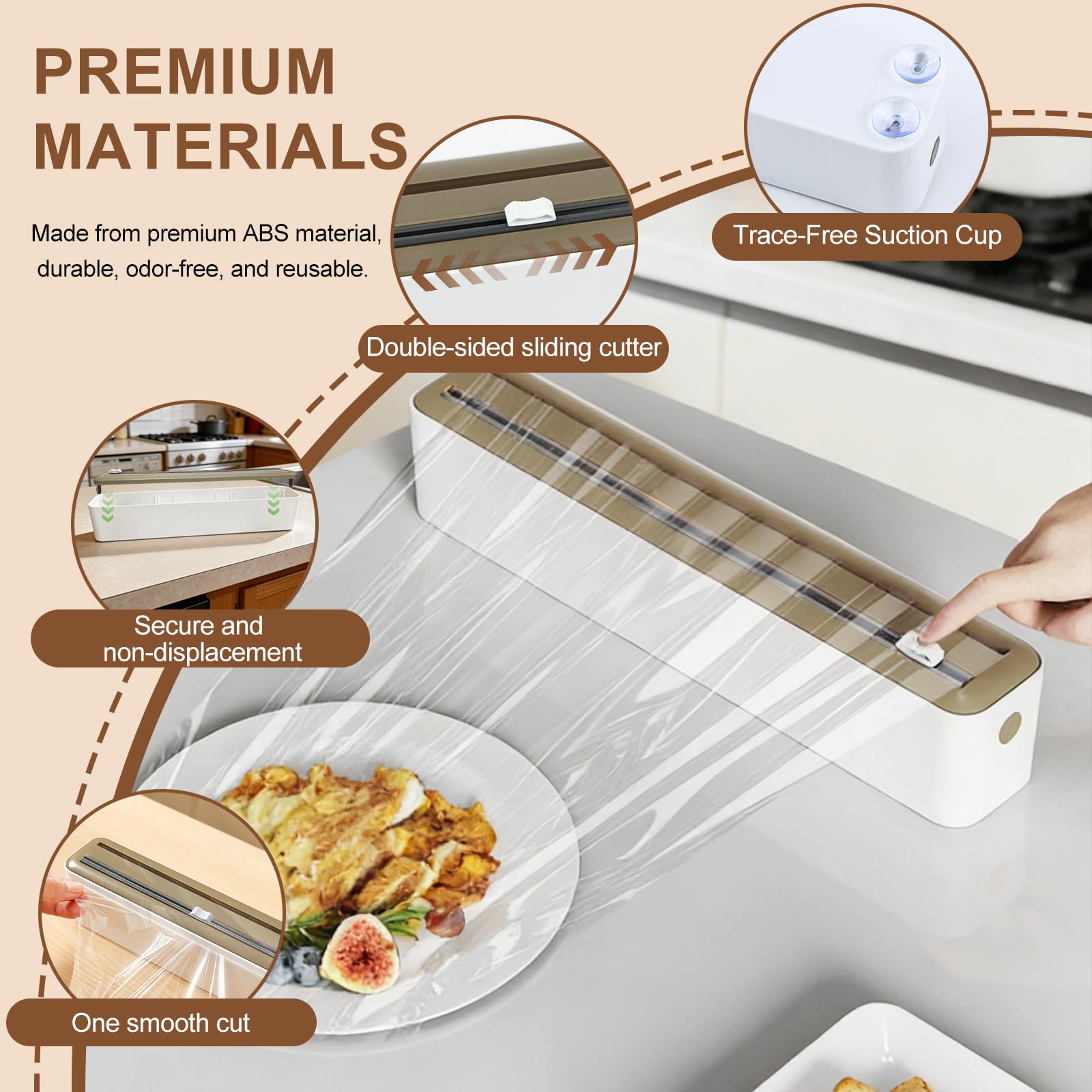 Derouleur Film Alimentaire, Distributeur Papier Aluminium et Film, Distributeur Film Alimentaire Convient aux Rouleaux de Moins de 30 Cm de Longueur et 5 Cm de Diamètre, Modèle à Ventouse, Brun