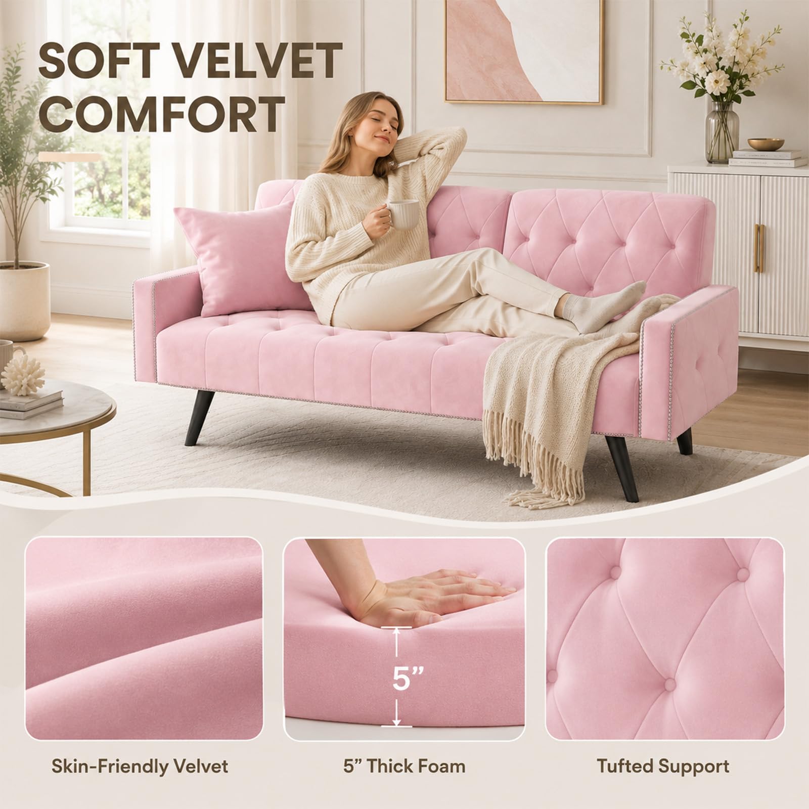 Anwick Modern Velvet 2 in 1 Futon Sofa Bed,Convertible Folding Sleeper Bed Couches with 2 Pillows,73" Tufted Recliner Love Seat with Golden Chrome Legs for Living Room Apartment Office (Pink)