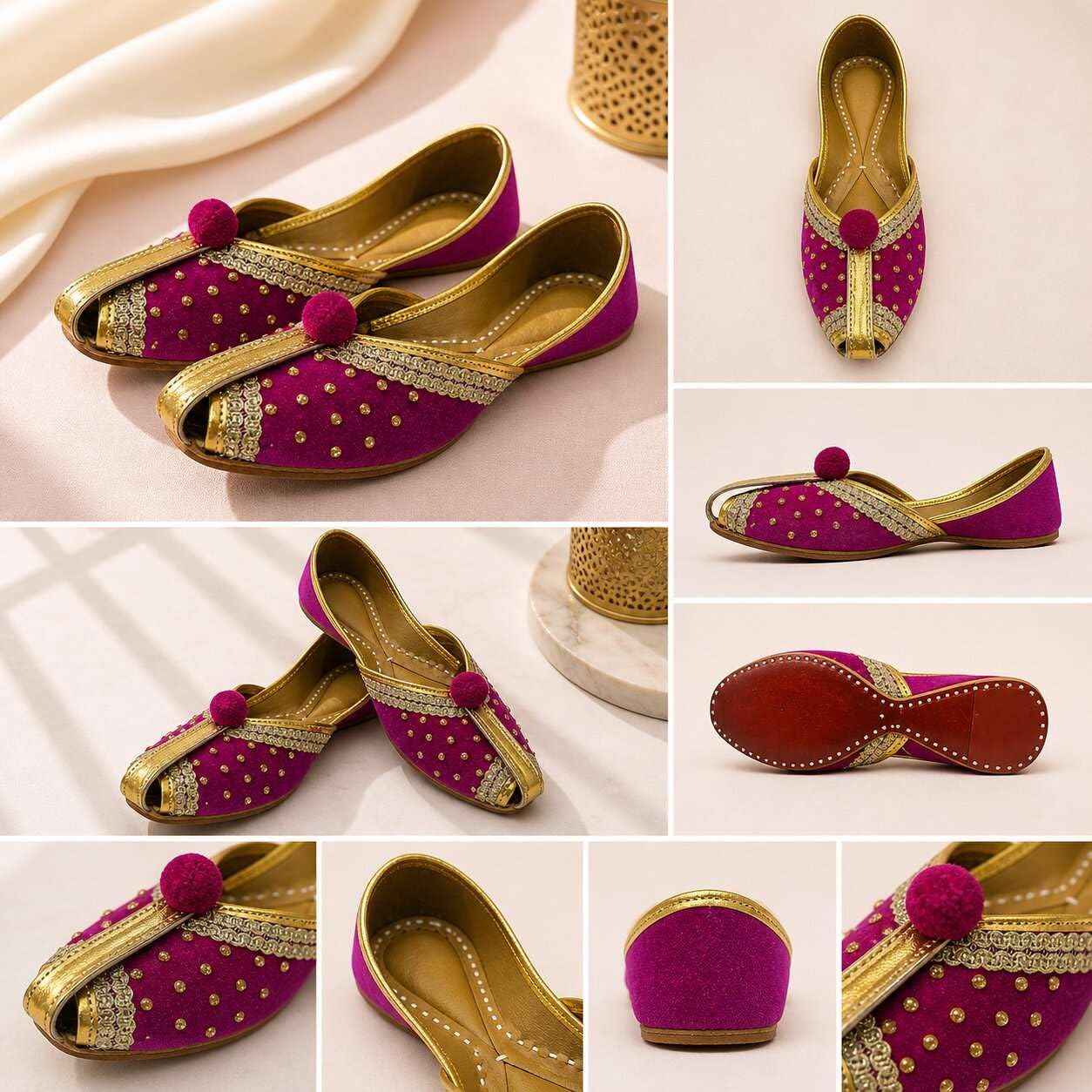 Golden Punjabi Juttis – Ethnische Brautschuhe für Damen, Party, indischer Samt, traditionelles Schuhwerk