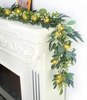 Artgar 6ft Eucalyptus Garland with 30 LED Lights - Artificial Silver Dollar Greenery for Wedding Arches, Home Decor, Indoor Outdoor Use