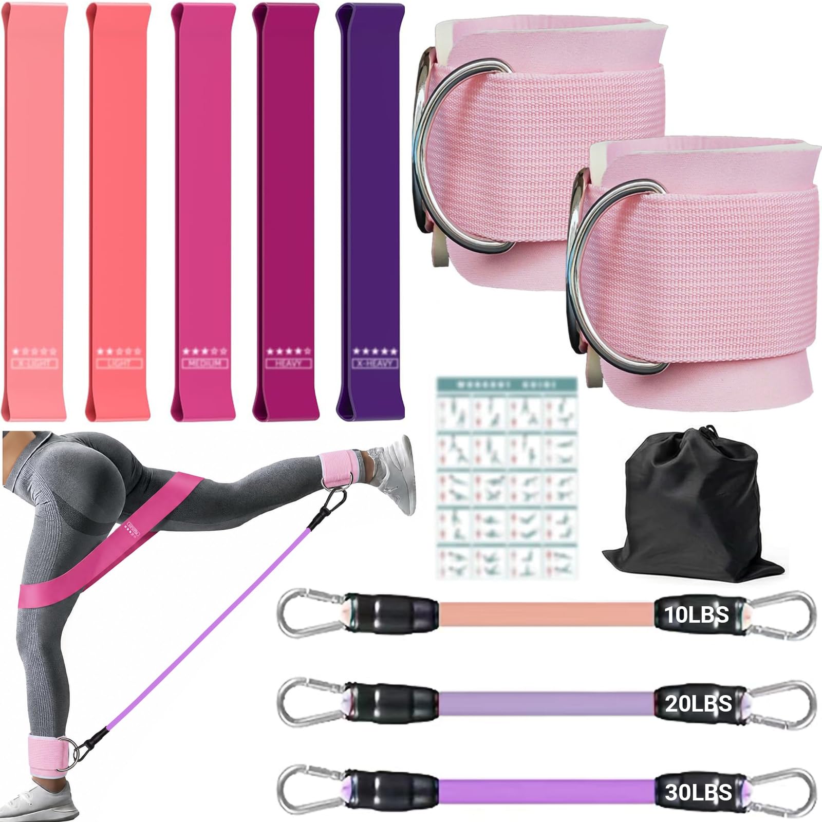 Upgraded Resistance Bands Set with Ankle Straps for Women, Glute Bands with 5 Resistance Bands, Thickened SBR Cotton Cuffs, Pilates Bar Kit for Leg, Glute, Yoga, Home Workout & Rehab Training