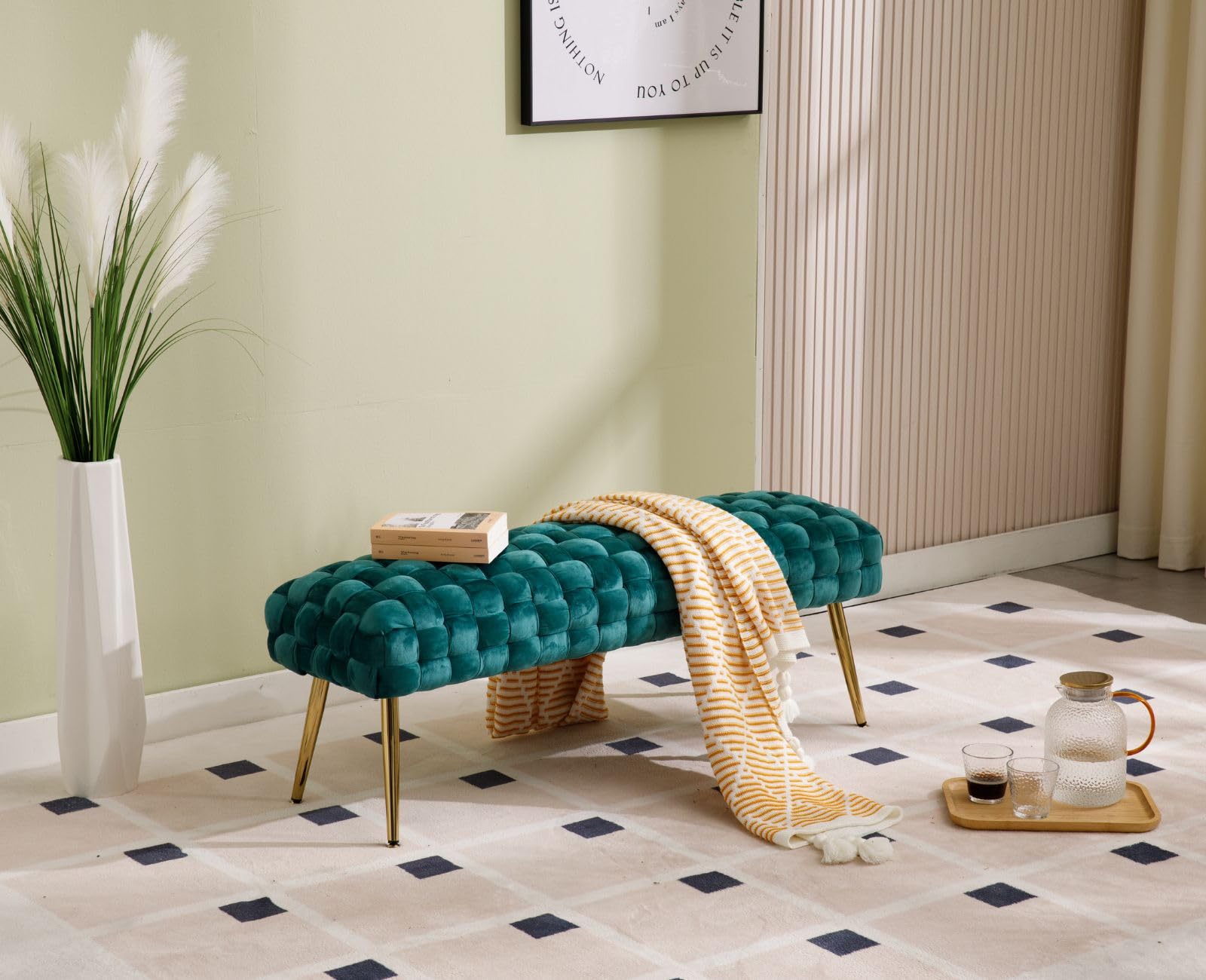 Ya-Home Panca Fondo Letto in Velluto Panchina Ingresso Pache Imbottita Moderne con Gambe Dorate Cassapanca per Camera da Letto/Soggiorno, Verde,120CM